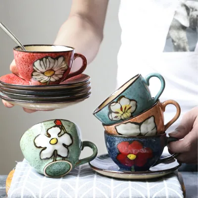 Korean-Style Hand-Painted Customizable Ceramic Coffee Cups Dishwasher Safe for Restaurants & Cafes