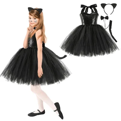 Tutu Skirt Suit for Girls Fluffy Black Cat Gauze Dress Children's Day Costume Game Animal Cos Clothing