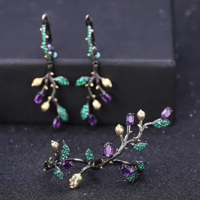Forest Ball Theme Sterling Silver 925 Natural Amethyst Two Finger Ring & Earrings Jewelry Set Floral Branch Design