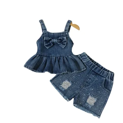 Summer Denim Suspender Top with Bow Ruching Paired Shiny-studded Open-pocket Sleeveless Denim Shorts