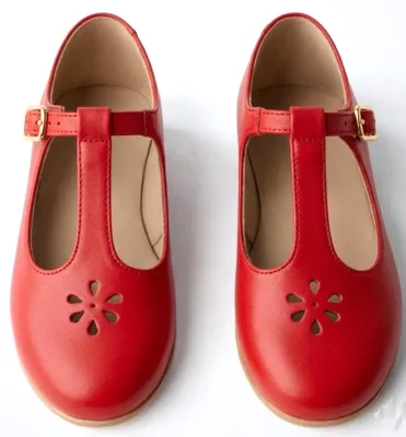 Red Genuine Leather Dress Shoes T Strap Mary Jane with Flower Cutout Buckle Closure