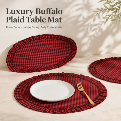Custom Logo Red Black Buffalo Check Cotton Round Table Pad Cover with Ruffle Trim Christmas Tree Skirt Holiday Home Decor