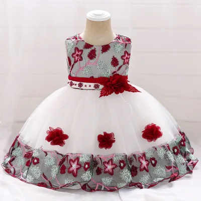 European American Style Girls' First Birthday Princess Dress O-Neck Embroidered Lace Color Block Full Moon Party Children's