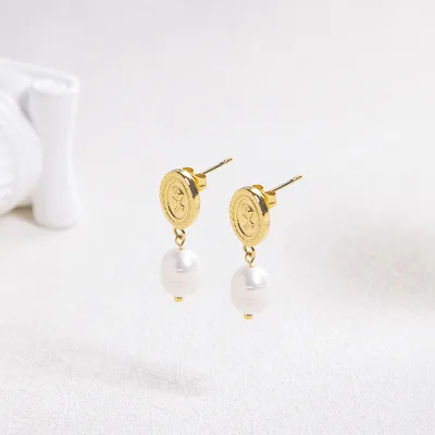 JUSNOVA Jewelry Pearl Earrings Gold Plated Butterfly Knot Stainless Steel Earring Geometric Stud Drop Pearl Earrings