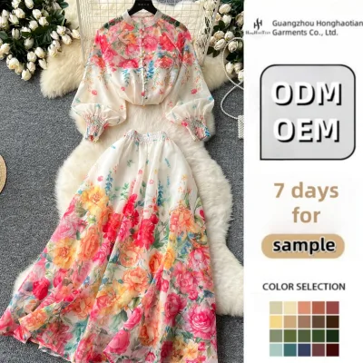 Custom Wholesale 2024 Summer New Print Temperament Top Flower Pleated Skirt Long Skirt Two-piece Women's Set