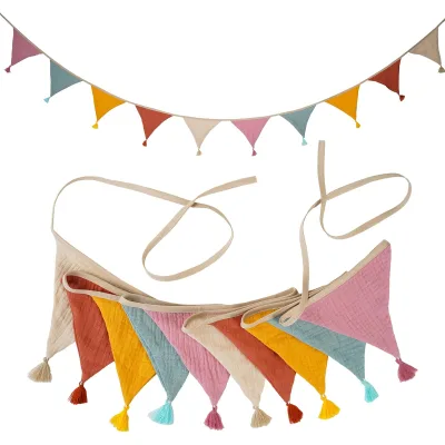 New Birthday Party Triangular String Flag Colorful Fabric Bunting Banner with Tassel Festivals Birthday & School Party Decor