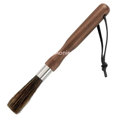 Natural Bristle Coffee Grinder Brush, Walnut Handle with Lanyard for Barista, Coffee Cleaning Tool