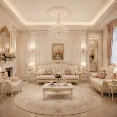 Bespoke Interior Design Service Elegant Creamy White French Classical Living Room Furniture Solution High End Home Fitout