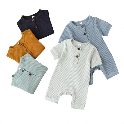 Wholesale Plain Ribbed Custom Baby Romper Summer Short Sleeve Ribbed Cotton Baby Romper Onesie
