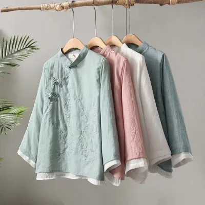 Women Spring Blouse Chinese Style Embroidered Flower Knot Button Vintage Shirt Loose Stand Collar Retro Shirt Lady Blouse Top