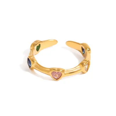 Gold Stainless Steel Adjustable Vintage Romantic Jewelry Heart Shape Colorful Zircon Open Ring