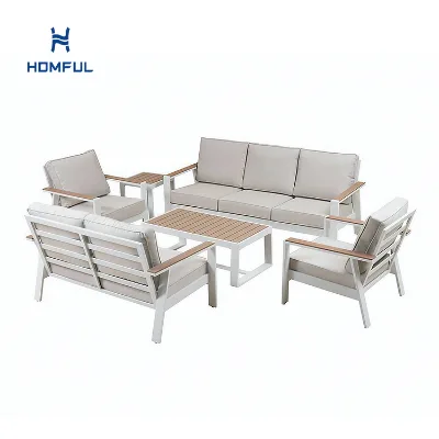 HOMFUL Powder-Coated Aluminum Patio Sofa Set 6-Piece Outdoor Seating Set WPC Slat Tables