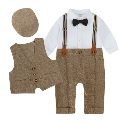 Newborn Infant Toddler Boy Gentlemen Formal Baptism Birthday Party Jumpsuit Vest Hat 3 Piece Outfit Suits Baby Boy Clothes Set