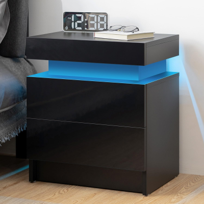 LED Nightstand - Modern Black Night Stand with 2 High Gloss Drawers