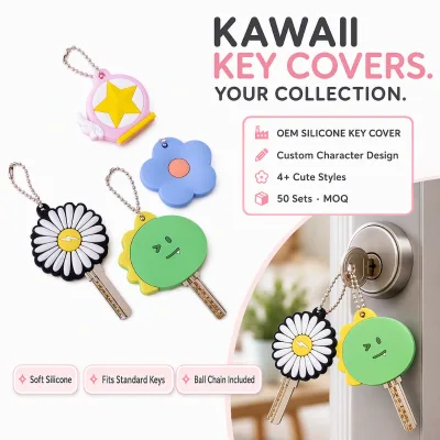 Custom Kawaii Silicone Rubber Key Cover Cute Cartoon Character Key Topper Flower Star Cactus Soft Rubber Keyring OEM Bulk