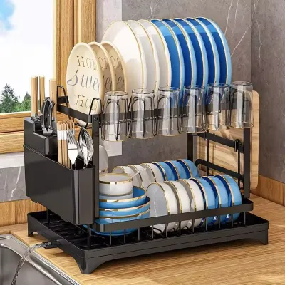 Kitchen Dish Rack Space-Saving Dish Drainer Organizer Drainboard Set Folding Drying Rack Drainer With Cutlery Drainer