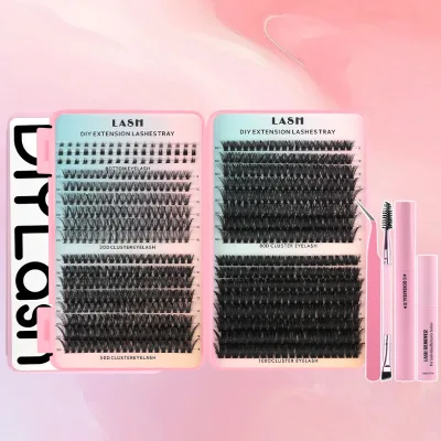 Pink Individual Cluster Lashes Book, Complete DIY Kit 9-16mm Pre-made Fans with Bond & Seal Glue Remover Applicator