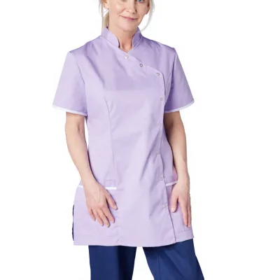Unisex Contemporary Stud Fasten Short Sleeve Polyester Cotton Blend Hotel Housekeeping Staff Uniform Tunic Customized Color Logo