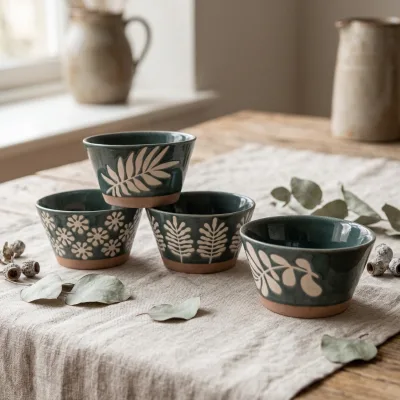 Vintage Rustic Sgraffito Leaf Flower Ceramic Bowl Terracotta Base Handmade Stoneware Dining Bowl for Home Kitchen