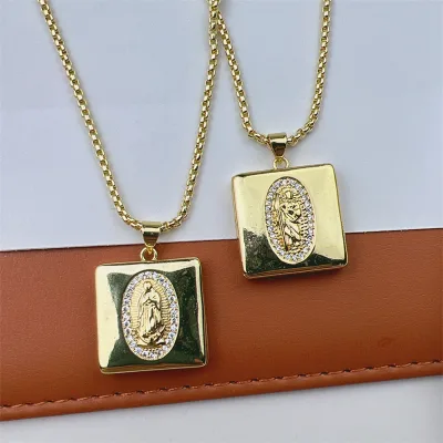 Fashion Jewelry 24K Gold Plated Blank Photo Locket Necklace Memory Picture Square Micro Zircon Religious Locket Pendant Necklace