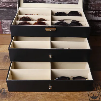 Customizable logo Glasses Case Luxury Packaging 18-grid Three-layer Wholesale Leather Sunglasses Storage Display Packaging Box