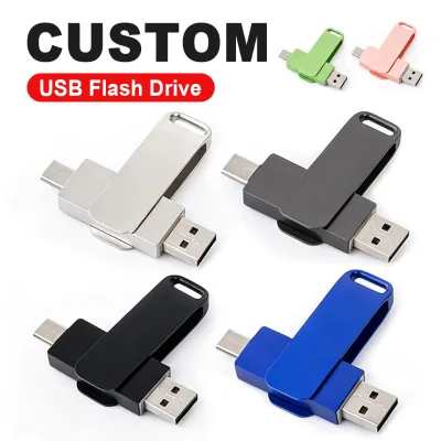 Personalized 2 in 1 Thumb Drive Rotating Metal Case Keychain Loop USB a Type C Portable Data Backup Custom Logo Office