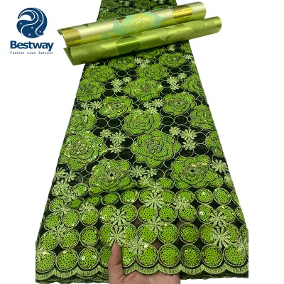 Bestway Luxury New African French Lace Wedding Dress with Floral Snowflakes Pattern and Shining Sequins