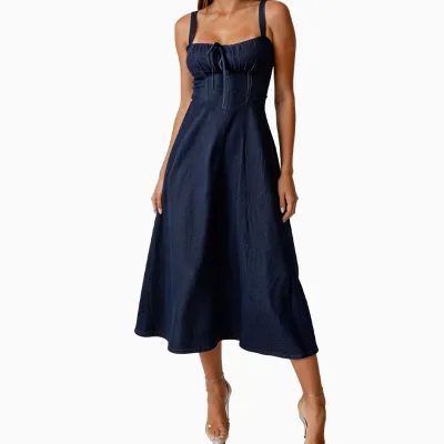 Wholesale Washed Blue Backless Denim Maxi Dress for Women with Spaghetti-Straps Sleeveless Loose Fit Casual Summer Streetwear