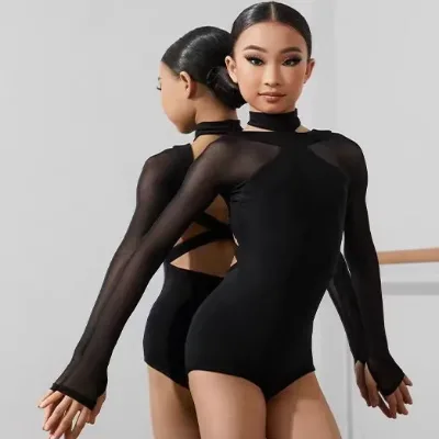 Sexy Black Latin Dance Leotard Backless Breathable Fabric Fringe Sheer Salsa Rumba Sumba Tango Dance Leotard for Children