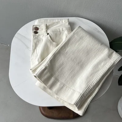 Medium Rise Cotton Crystal Beige Color Long Jeans Double Button Straight Leg Casual Wear
