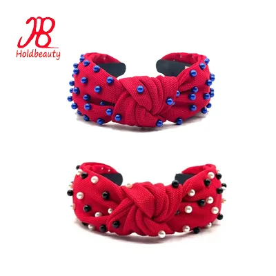 Custom Red Knotted Headband with Blue Pearl Beaded Headbands for Women and Girls
