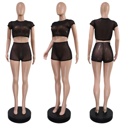 Summer 2 Piece Women Short Set See Through Letter Print Short Sleeve Crop Top Shorts Set Mesh Two Piece Short Set for Women