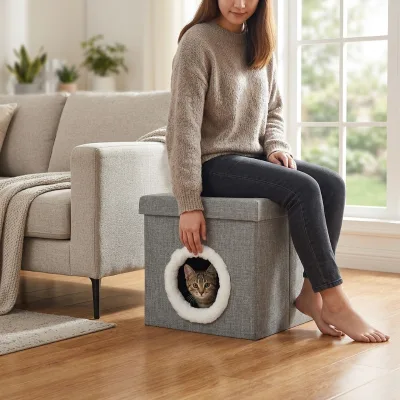 Foldable Cat House Ottoman 2 in 1 Pet Bed Stool With Tool Free Assembly Heavy Duty up to 150lbs