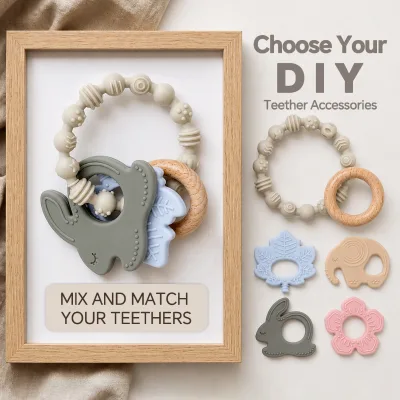 OEM BPA-Free DIY Silicone Baby Teething Toy Animal Rabbit Flower Maple Leaf Pendants Food Grade Infant Teether Rings Accessories