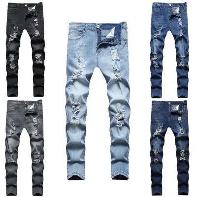 Men's Ripped Distressed Slim-Fit Denim Pants New Style Vintage Casual Skinny Washed