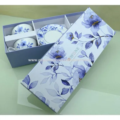 Luxury 4cups 4saucers 220cc Cup and Saucer in Printed Handmade Gift Box Blue design Ideal for Gift