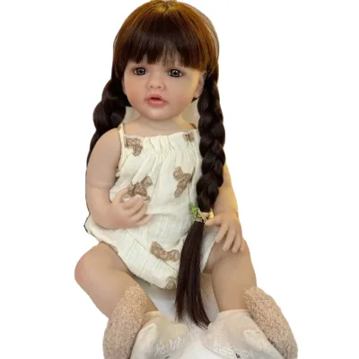 Fully Vinyl Waterable Baby Doll 55 CM 22 Inch Brown Long Hair Lifelike Reborn Baby Doll for Girls Toy Function Toddler Bebe