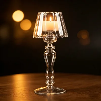 European Creative Umbrella-Shaped Striped Glass Candle Holder Clear Table Lamp Style Tealight Holder for Home Decor Wedding
