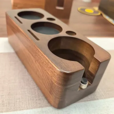 Solid Walnut Coffee Tamping Station Espresso Portafilter Holder and Barista Tool Organizer with Adjustable Height