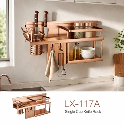 Rose Gold Stainless Steel Wall Mount Kitchen Organizer Rack With Knife Block, Towel Bar & Hooks for Kitchen Interior Decoration