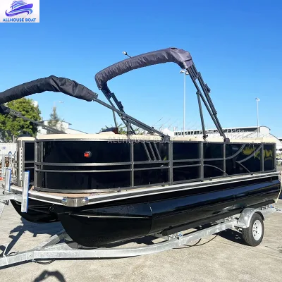 Luxury Outdoor Party Craft With Sofa Seating Fishing Chairs Bimini Shade Swim Ladder and Powerful Outboard 25FT Pontoon Boat