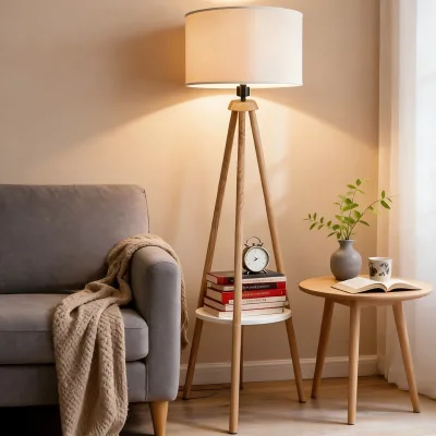 Wooden Tripod Floor Lamp with Storage Shelf Standing Lighting for Living Room Bedroom