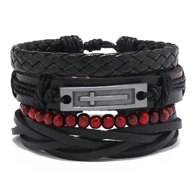 Wholesale Punk Cross Style 4pcs Leather Braided Wrap Bracelets Fashionable Wood Bead Bracelet for Men and Women