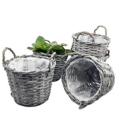 5pcs Rattan Flower Basket Sets Handmade Wicker Planter Basket With Plastic Liner Woven Storage Basket for Home Garden Decoration