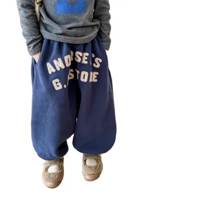 2024 Winter Children Boys 2PCS Clothes Set Cotton French Letter Embroidery Fleece Solid Pant Kids Boy Girls Tracksuit