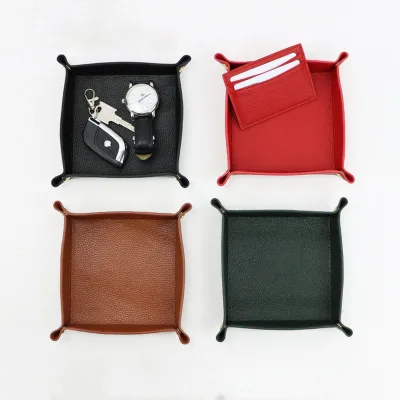 PU Leather Storage Tray with Lychee Texture Foldable Keychain Cosmetics and Desktop Organizer