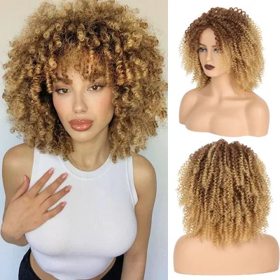 Synthetic Afro Short Kinky Curly Wigs with Bangs Short Curly 35cm Wig Heat Resistant For Daily Party