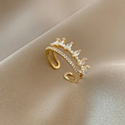 Crown Ring with Zircon Fashionable Tempered Personality Gold Plated Brass Trendy Style Resizable