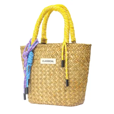 Classic - Label Colorful - Strap Woven Bag Straw Vibrant - Handle Handbag Perfect for Summer Picnics or Beach Outings