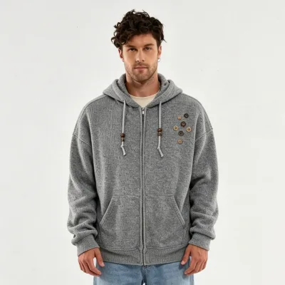 Knitted Hoodie Unisex Autumn Trendy Button Design Couple Jacket Vintage Sport Casual Zip up Sport Outdoor for Men OEM Available
